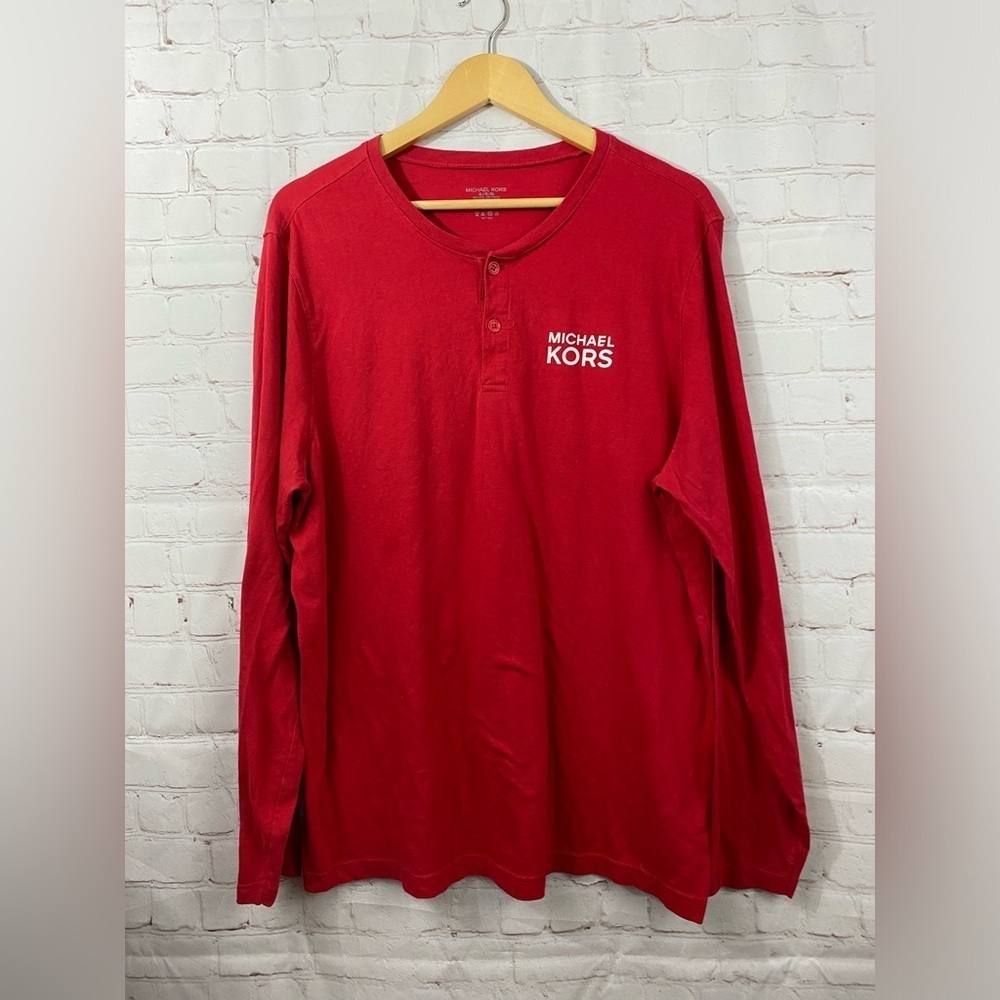 Michael Kors Long Sleeve Shirt Mens Size XL Red 1/4 Button (Small Stain)